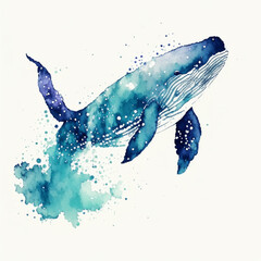 Watercolor blue whale on a white background. AI generated