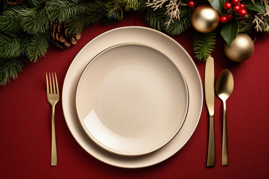 Christmas dinner meal table setting with a blank plate and Christmas decorations