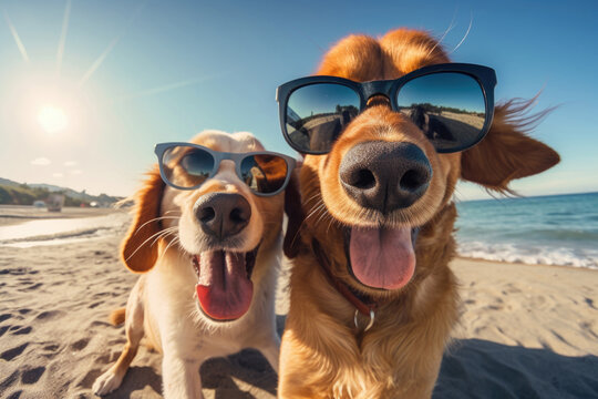 Two dogs are taking selfies on a beach earing sunglasses, sunny day with blue water.	
