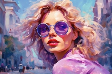 Obraz premium Digital painting of a young woman with curly blond hair and violet sunglasses. Fashion portrait of a sensual beautiful blonde girl on a city street background. Fashion colorful illustration for design