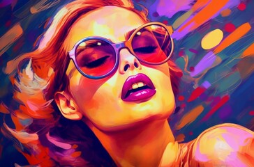 Fototapeta premium Fashion portrait of a sensual beautiful girl in purple sunglasses. Digital watercolor painting. Portrait of a attractive young woman with sunglasses. Fashion colorful illustration for your design