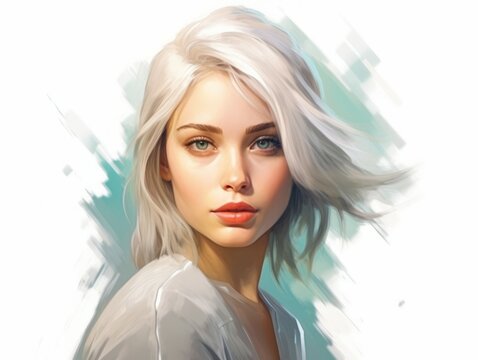 3d render of Portrait of a beautiful blonde girl with  long white hair and blue eyes. Oil Portrait of a sensual girl. Face of a attractive blonde young woman looking at camera. Vector illustration.