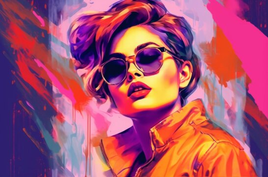 Fashion portrait of a stylish beautiful girl in purple sunglasses. Digital watercolor painting. Portrait of a attractive young woman with sunglasses. Fashion colorful illustration for your design