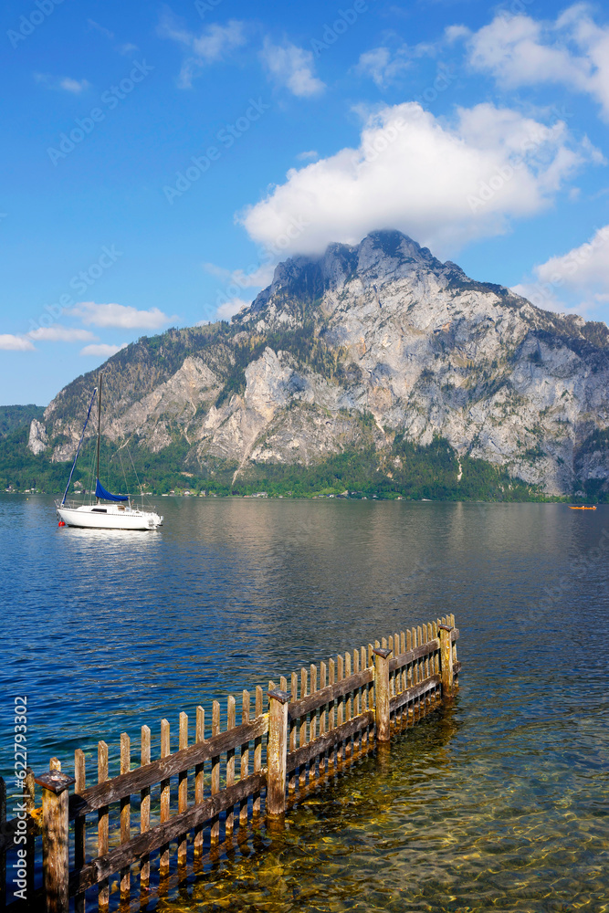 Poster Panoramic view of Traunstein at Traunsee lake during sunset, landscape photo of lake and mountains near Gmunden, Austria, Europe