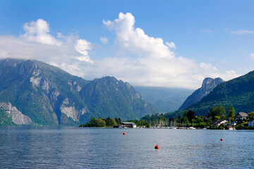 Panoramic view of Traunstein at Traunsee lake during sunset, landscape photo of lake and mountains near Gmunden, Austria, Europe