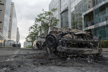 tribute for Nahel, several cars burned and destroyed during the riots in Nanterre, Hauts de Seine, France - June 29, 2023	 - obrazy, fototapety, plakaty