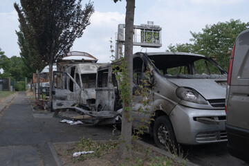 tribute for Nahel, several cars burned and destroyed during the riots in Nanterre, Hauts de Seine, France - June 29, 2023	