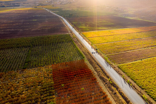 Aerial view of Bekaa valley during autumn . Bekaa, Lebanon