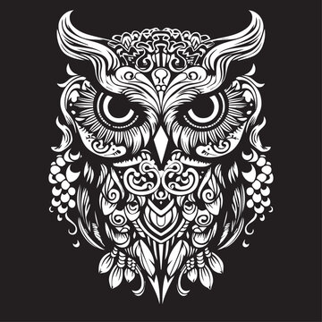 Owl - vector illustration. Icon, logo design in carton, doodle style. Black and white