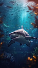 Fototapeta premium Great White Shark swims in the ocean near the reef. undersea world. close up shot. generative ai, ai, generative