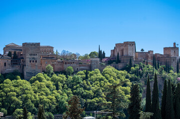 Fototapeta na wymiar Panoramic view of ancient arabic fortress of Alhambra in Granada, Spain on April 5, 2023