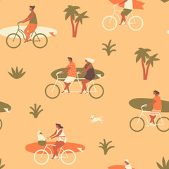 Surfers on bicycles seamless pattern. Summer coastal illustration in vector. - 622794183