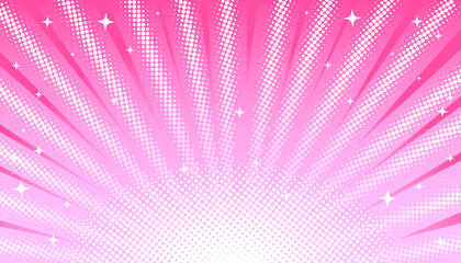 Pink pastel light rays background with halftone effect and stars in manga, comics style.