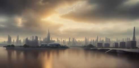 Naklejka premium Futuristic urban skyline,Fictional City Skyline, 