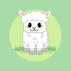 Cute baby sheep, smiling on a green background, flat design