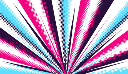 Pink-blue motley background of rays of light, explosion with halftone effect in the style of manga, comics.
