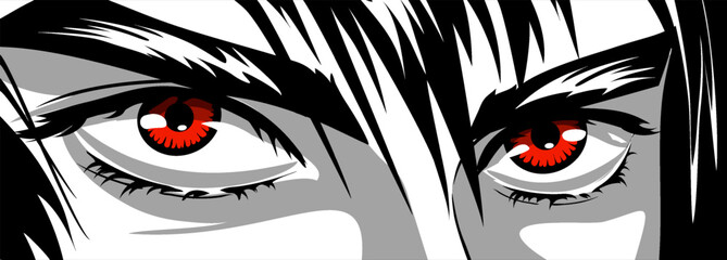 Red eyes, angry look of a man in manga and anime style. - obrazy, fototapety, plakaty