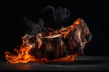 Grilled Ribs, Lamb Barbecue, Roasted Meat on Dark Background, Abstract Generative AI Illustration