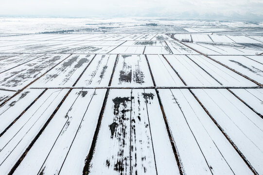 Aerial view of Bekaa valley under the snow. West Bekaa, Lebanon