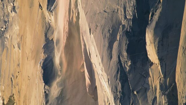 Closeup view of Yosemite Firefall located in Yosemite National Park, California, USA. Breathtaking shot of Horsetail fall in Yosemite valley, Sierra Nevada mountain range, 4k footage with copy space