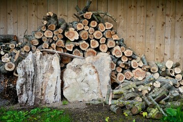 A pile of chopped wood of different sizes against a wooden fence. 