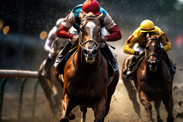 Jockey on racing horse. Champion. Hippodrome. Racetrack. Horse riding. Derby. Speed. Blurred movement. 
 - obrazy, fototapety, plakaty