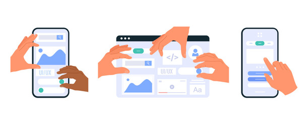Vector illustration set of web UI-UX design. Human hands working on web interface design for website or mobile application.