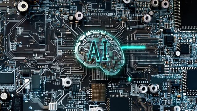 Artificial Intelligence AI brain as computer chip on circuit board. Glowing electronic signals flowing in neural network on motherboard. Motion graphics background.