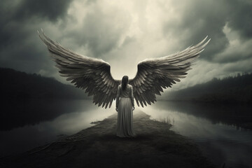 Obraz premium Religion, fantasy, fashion, good and evil concept. Abstract and surreal looking angel with wings illustration. Generative AI