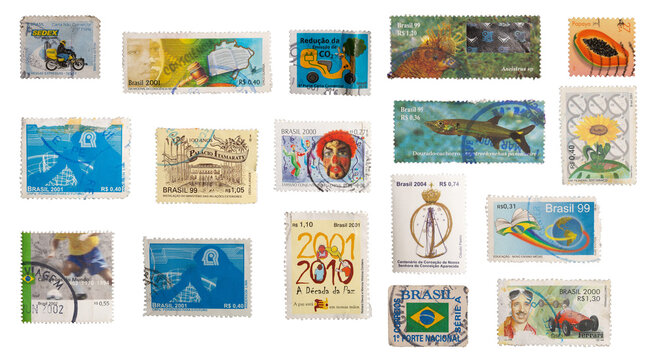Vintage stamps, postage stamps, mail and letters, Brazilian vintage stamps, png isolated on transparent background