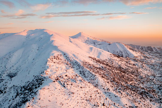 Aerial View Of Jezzine Mountains Under The Snow. Jezzine, Lebanon