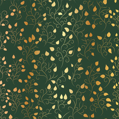 Seamless pattern with golden curly leaves