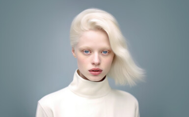Female albino fashion model. Young woman with light skin and hair posing for studio shot. Generative AI - obrazy, fototapety, plakaty