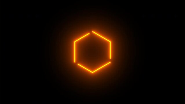 Abstract background with neon hexagon shapes moving on camera with tunnel effect. Seamless loop 4K neon animation