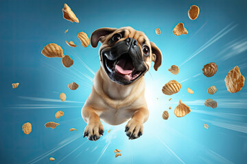 Cute funny pug flying away on a blue background through a lot of dog dry food and snacks. Cute animal with extraordinary flying abilities, promo banner advertisement concept. Generative AI. High - obrazy, fototapety, plakaty