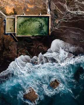 Aerial view of a natural pool along Robert Dunn Reserve coastline, Moan Vale, New South Wales, Sydney, Australia.