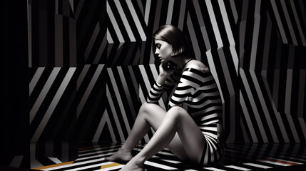 A woman sitting on the ground in black and white striped room Generative Ai