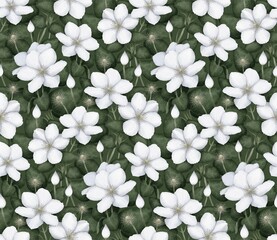 OLIVE RASTER SEAMLESS BACKGROUND WITH WATERCOLOR WHITE FLOWERING CLEMATIS