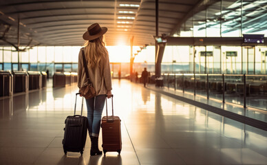 Young woman with luggage waiting at airport or large train station, view from behind. Generative AI