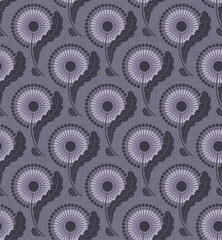 PURPLE TEXTURED VECTOR SEAMLESS BACKGROUND WITH BLOOMING DANDELIONS IN ART NOUVEAU STYLE