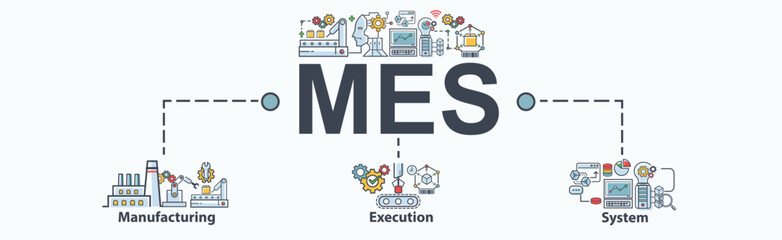 Mes banner web icon for manufacturing execution system of factory, service, automation, operation, production, distribution, management, structure and analysis. Minimal vector infographic.