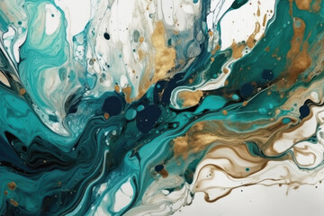 Ink and watercolor marbling turquoise and gold background