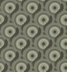 OLIVE GREEN TEXTURED VECTOR SEAMLESS BACKGROUND WITH BLOOMING DANDELIONS IN ART NOUVEAU STYLE