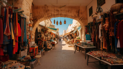 Colorful shopping street in the style of Djerba featuring pottery, fabrics and Arab lamps in a classic Tunisian market atmosphere - Houmt Souk and Midoun. Generative AI.