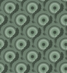 MINT GREEN TEXTURED VECTOR SEAMLESS BACKGROUND WITH BLOOMING DANDELIONS IN ART NOUVEAU STYLE