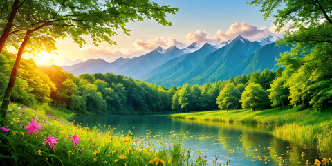 Summer concept background serene nature landscape with warm tone sunlight foliage of trees