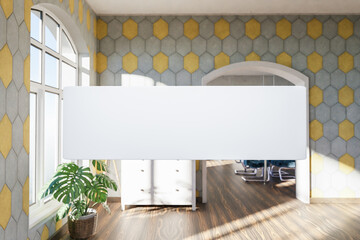 search box floating in air standing in luxurious loft apartment with arched window and minimalistic interior living room design; 3D Illustration