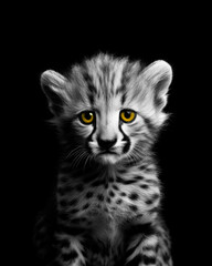 Generated photorealistic image of a cheetah kitten with yellow eyes in black and white