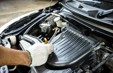 Auto mechanic using wrench to repair car engine.Male hand holding a wrench to repair a car engine