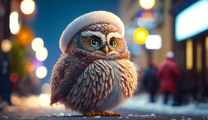 A funny cute owl in a Santa Claus hat stands on a snowy street under the snow against the background of colored lights.Generative AI